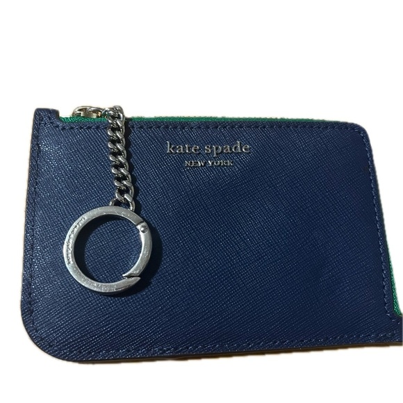 Navy, Green & White Kate Spade Leather Card Holder, Gold Zipper & Silver Accents - Picture 13 of 16